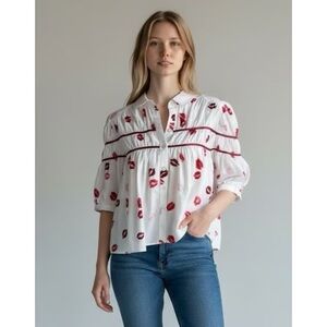 Maeve White Blouse with Red Lip Print